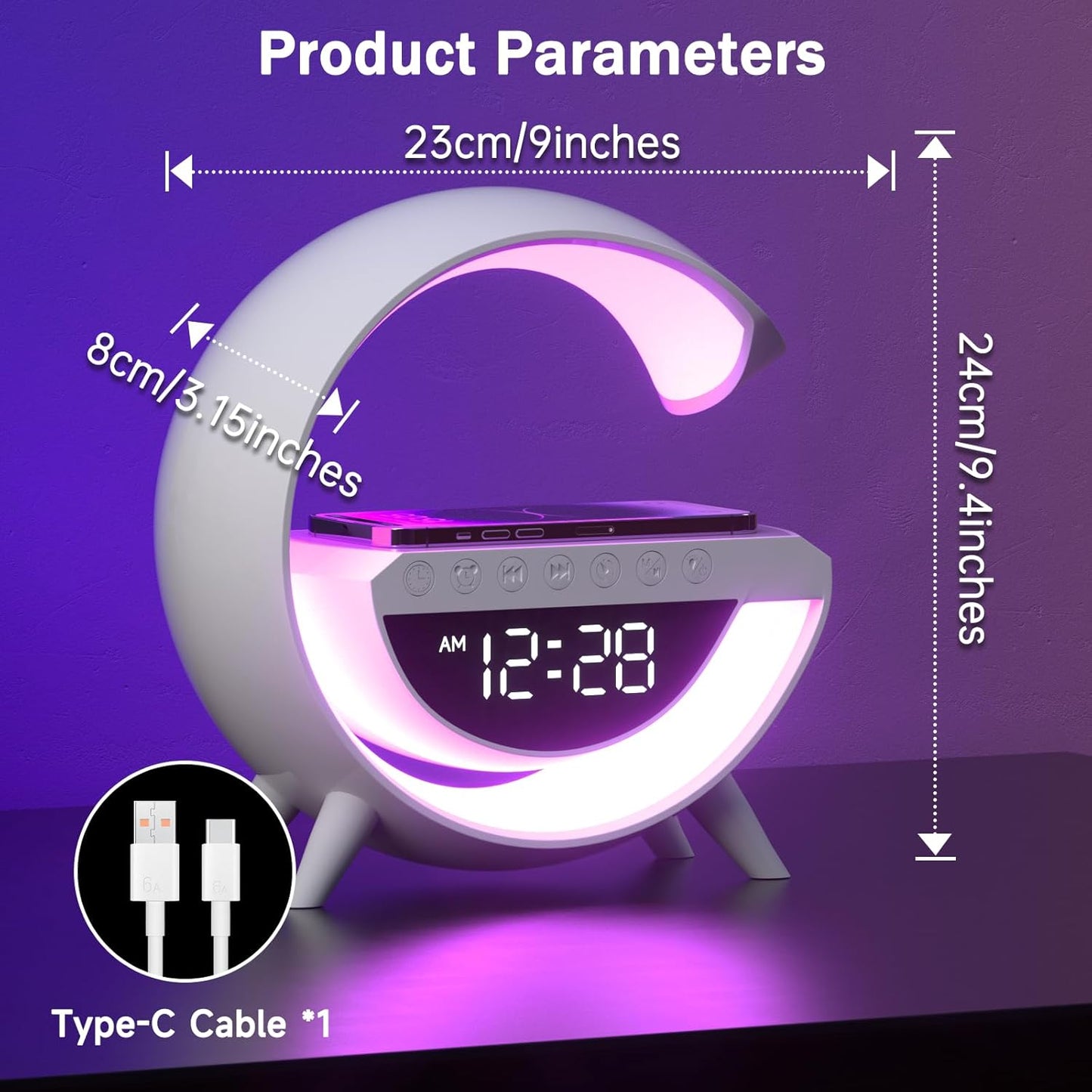 ✨ G-Shape LED Lamp with Wireless Charging, Bluetooth Speaker & Alarm Clock ✨